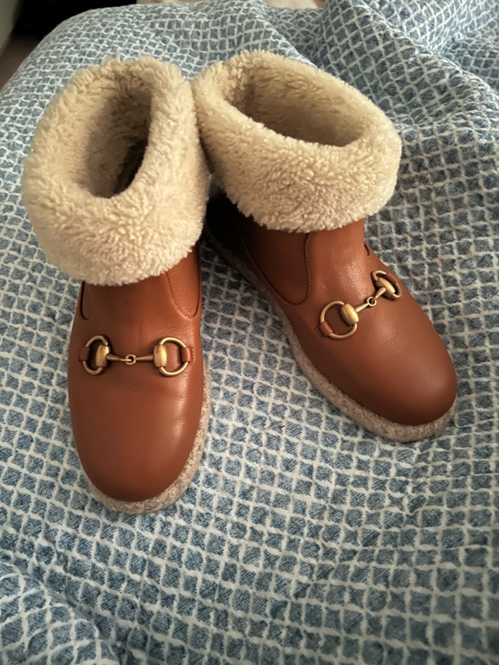 GUCCI Shearling-Lined Leather Boots with Gold Horsebit
